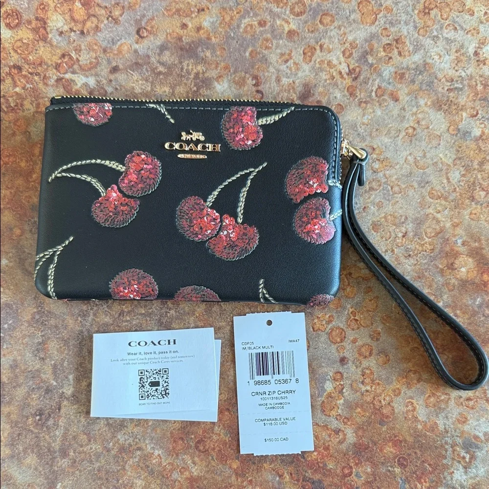 Coach Black Wristlet with Cherry Pattern - Picture 1 of 2
